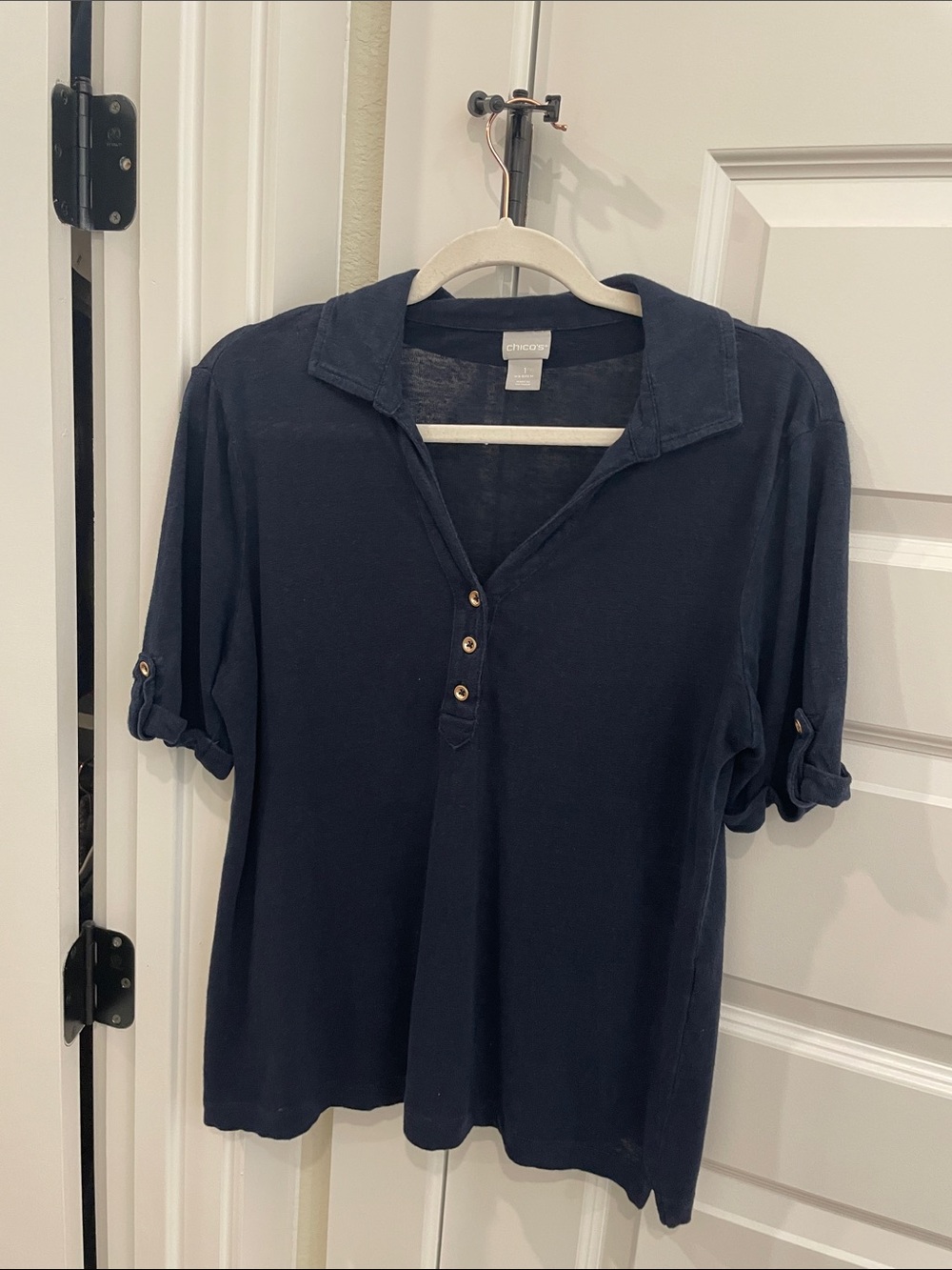 Chico's Dark Navy Button-Front Collared 100% Linen Polo Top